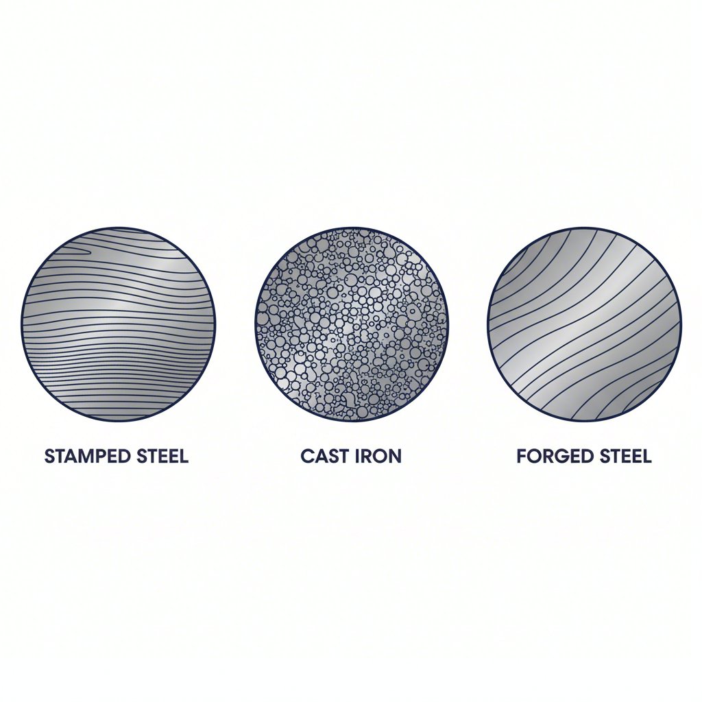diagram showing the internal grain structure of stamped cast and forged steel