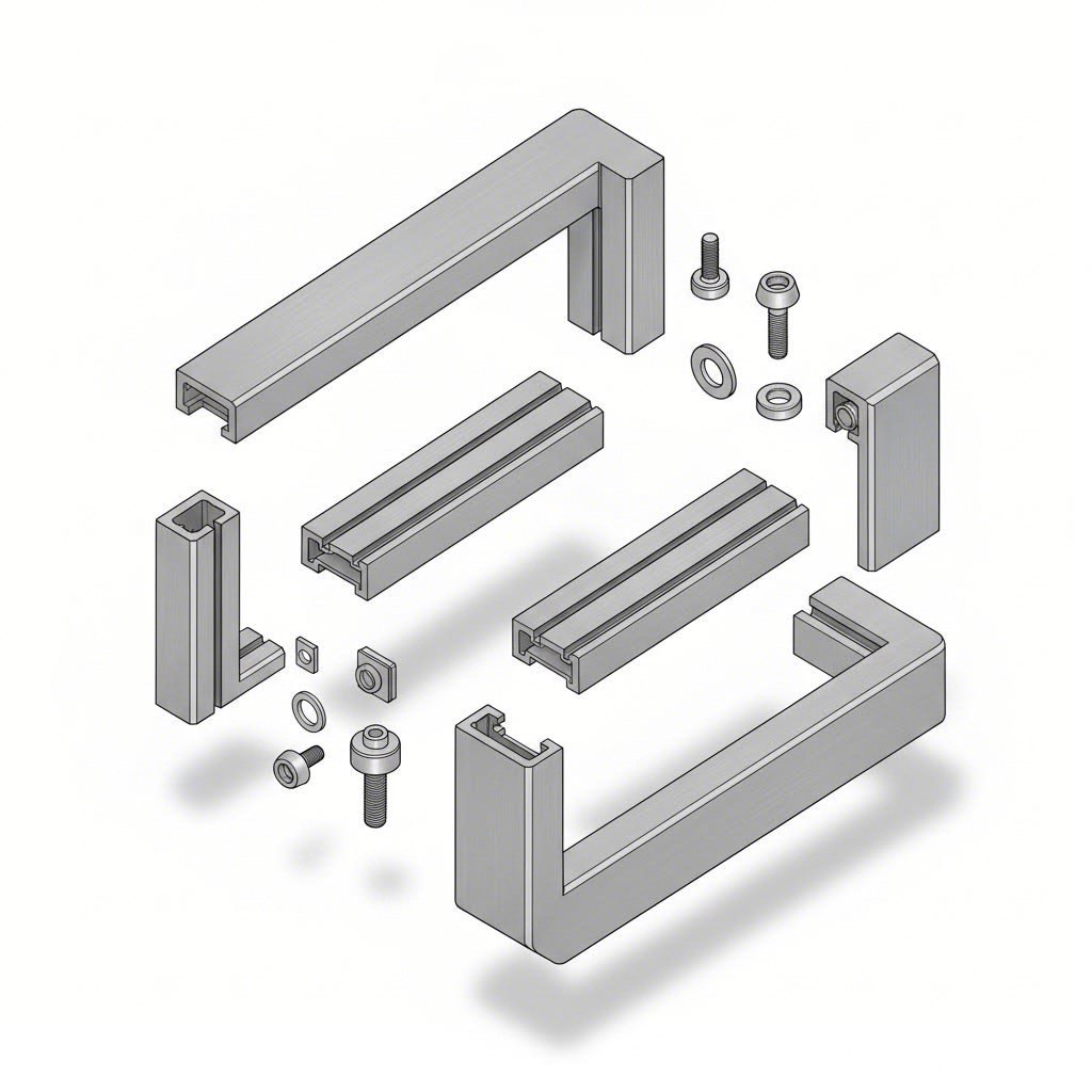 aluminum framing connection hardware including brackets and fasteners
