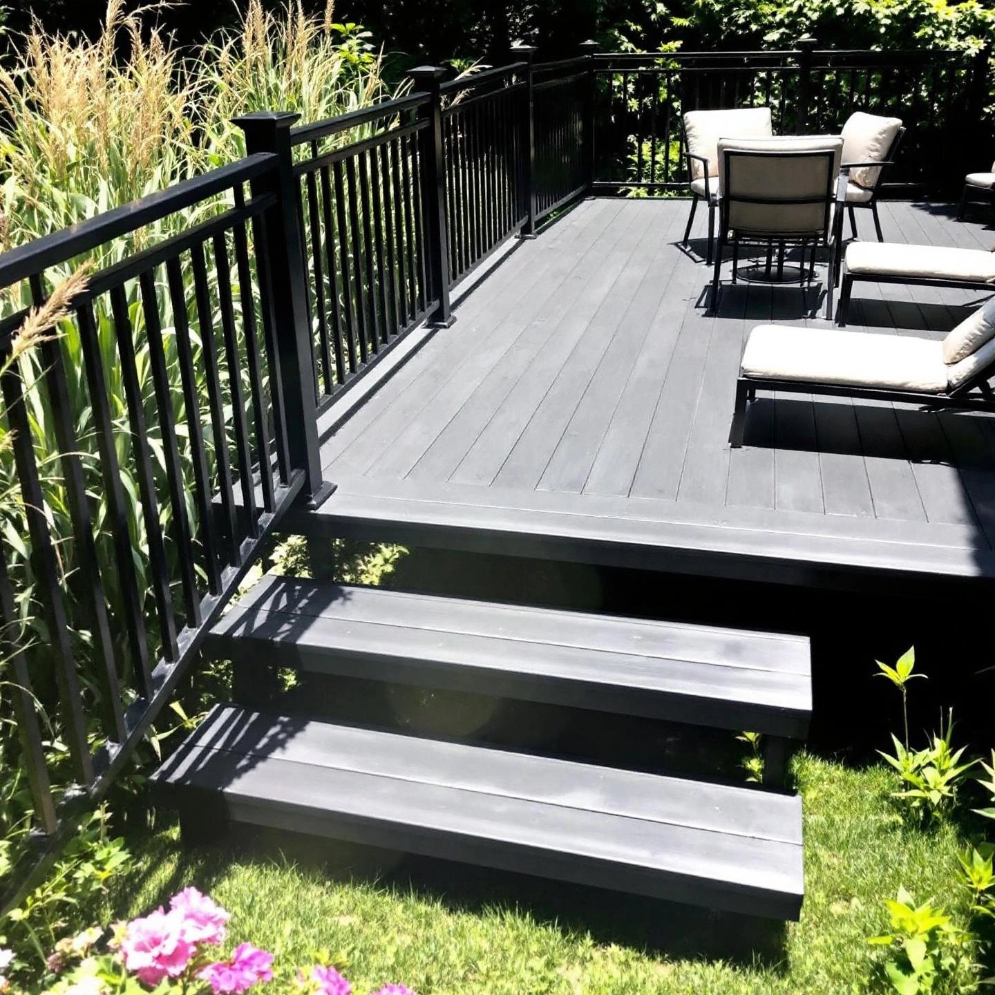 modern aluminum deck with sleek railings and outdoor furniture in a lush backyard