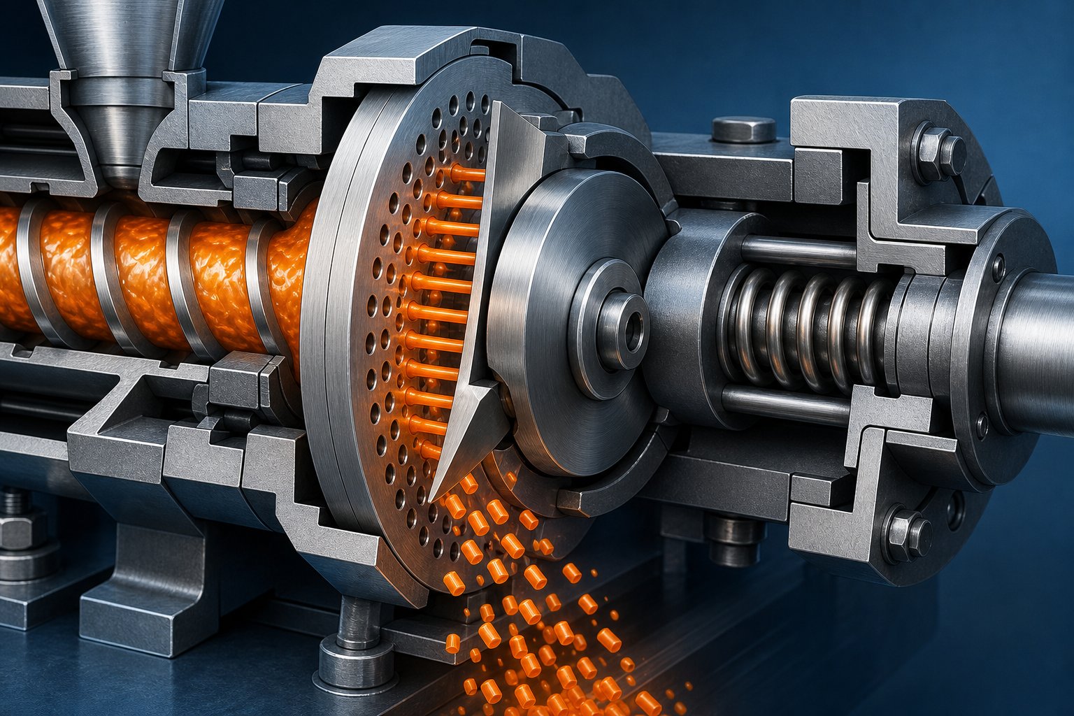 cross section view of the blade to die plate contact zone inside a pelletizer cutting chamber