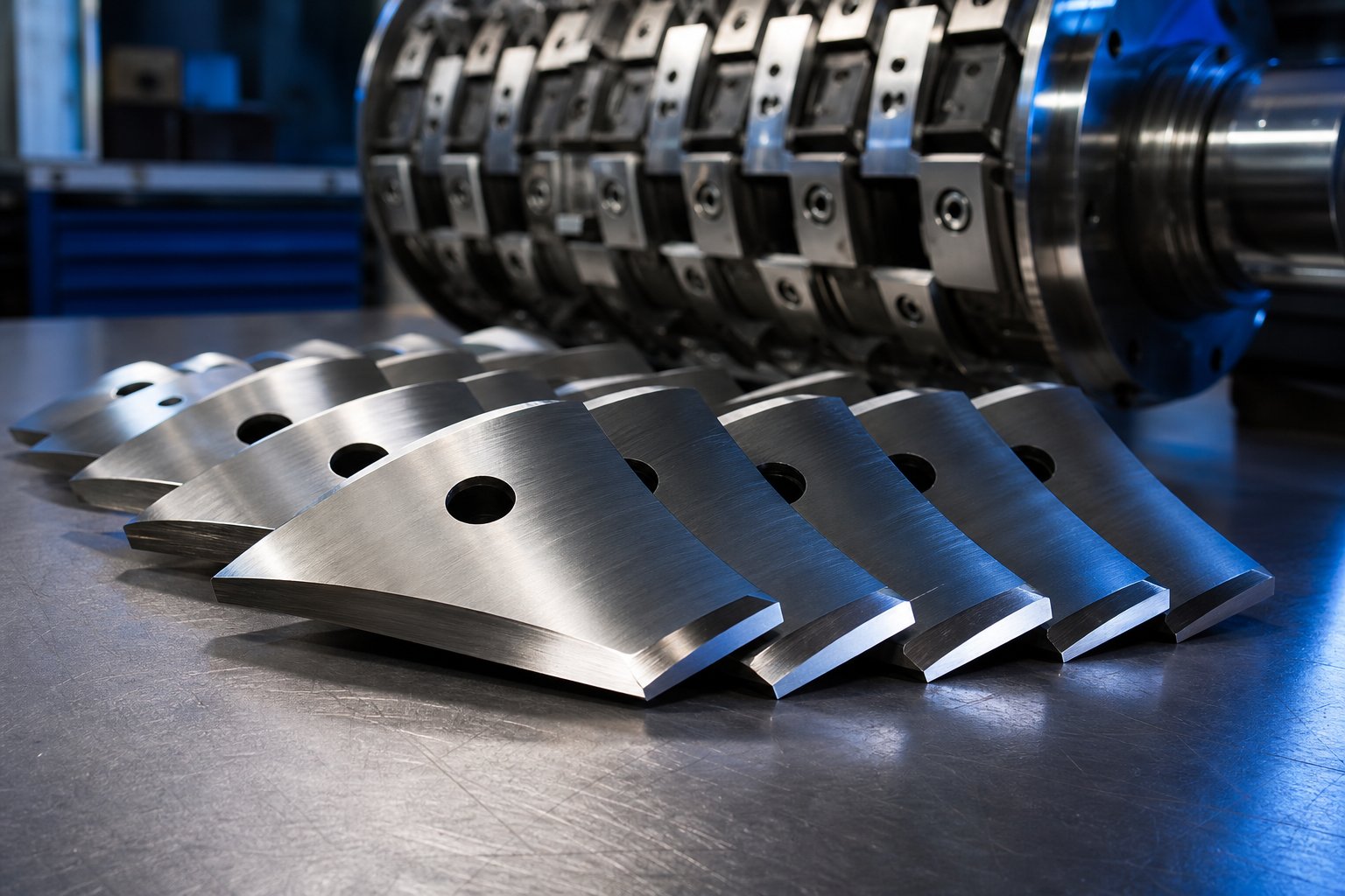 precision ground pelletizing blades ready for installation on a pelletizer rotor assembly