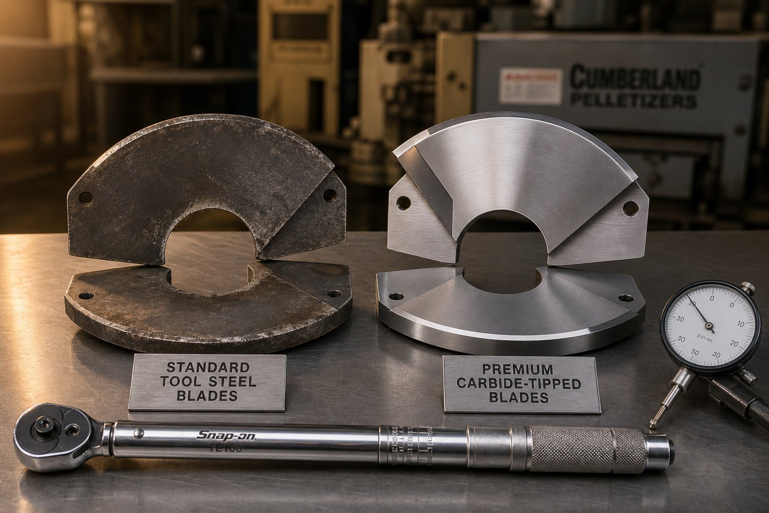 standard tool steel versus premium carbide tipped pelletizing blades highlighting material quality differences
