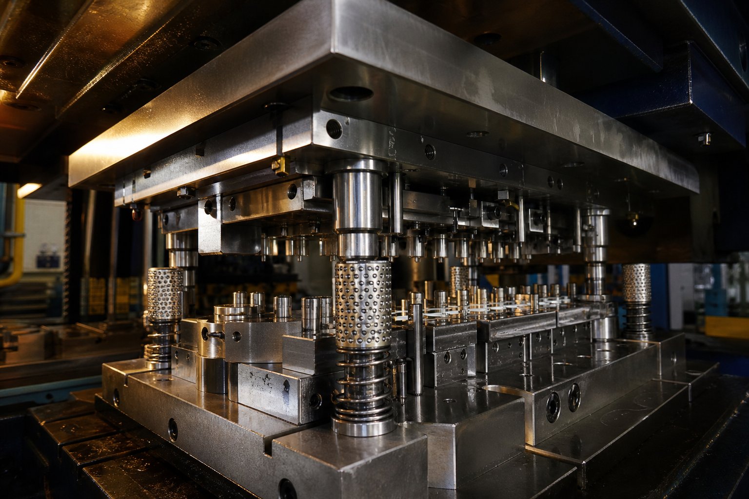 info-1-1 a production run stamping die installed in a press showing hardened tool steel stations engineered for millions of repeatable high volume strokes