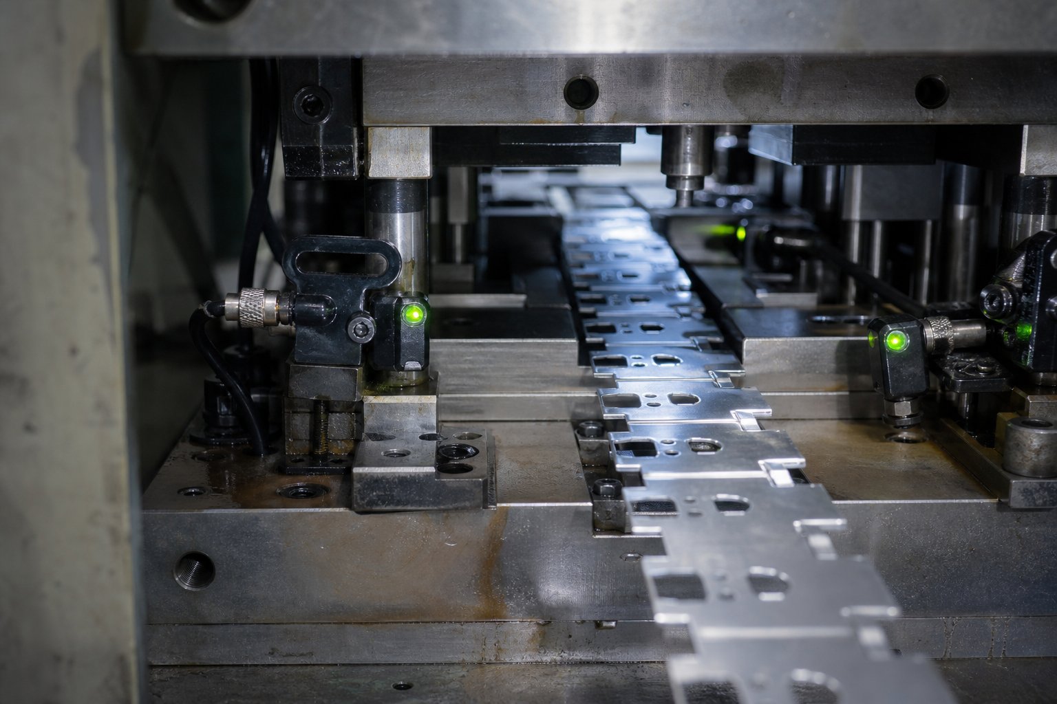 info-1-1 in die sensors and bypass notch features integrated into a progressive stamping die provide real time quality monitoring during high speed production