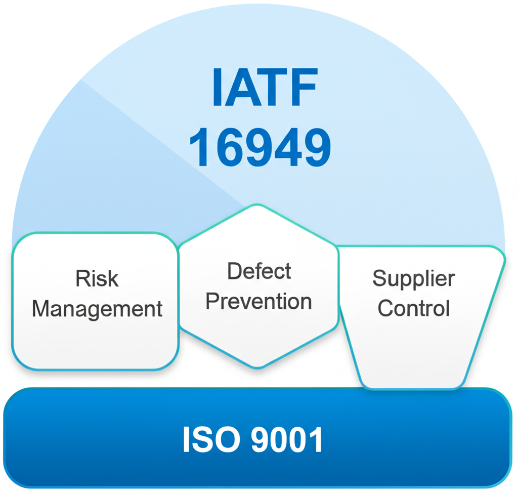diagram showing iatf 16949 as an extension of iso 9001 for automotive quality