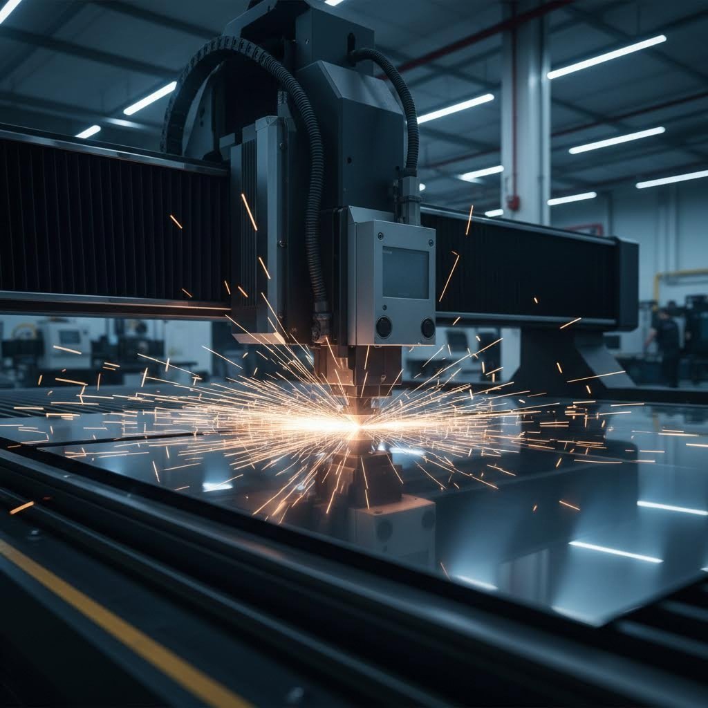 cnc machine precision cutting metal with sparks illuminating the manufacturing process