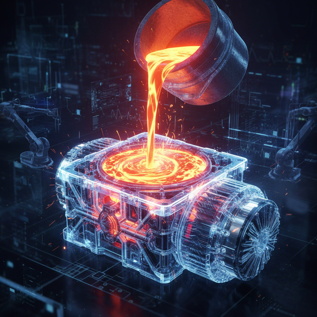 conceptual art of molten metal forming a complex ev part through die casting