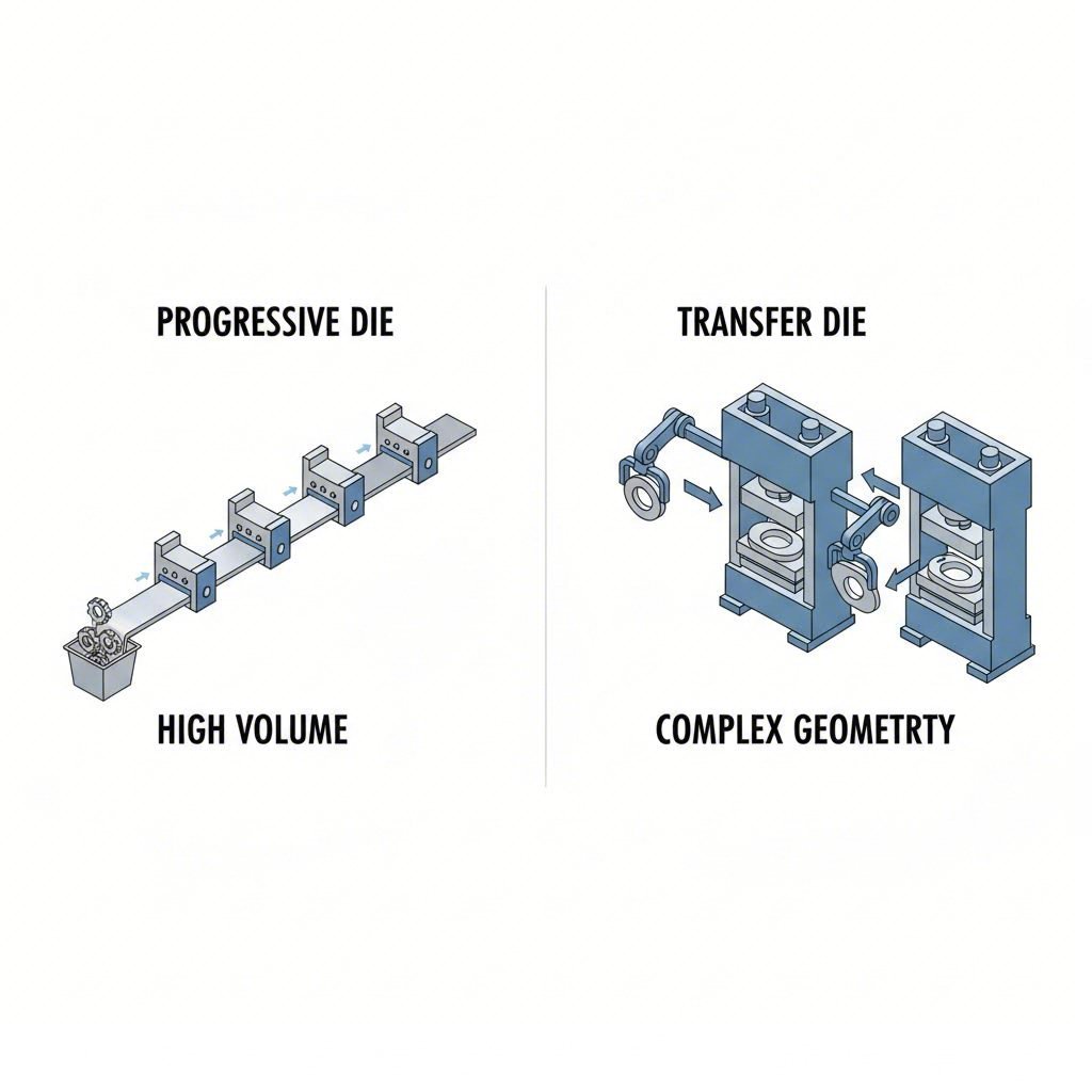 Diagram comparing progressive die versus transfer die stamping processes