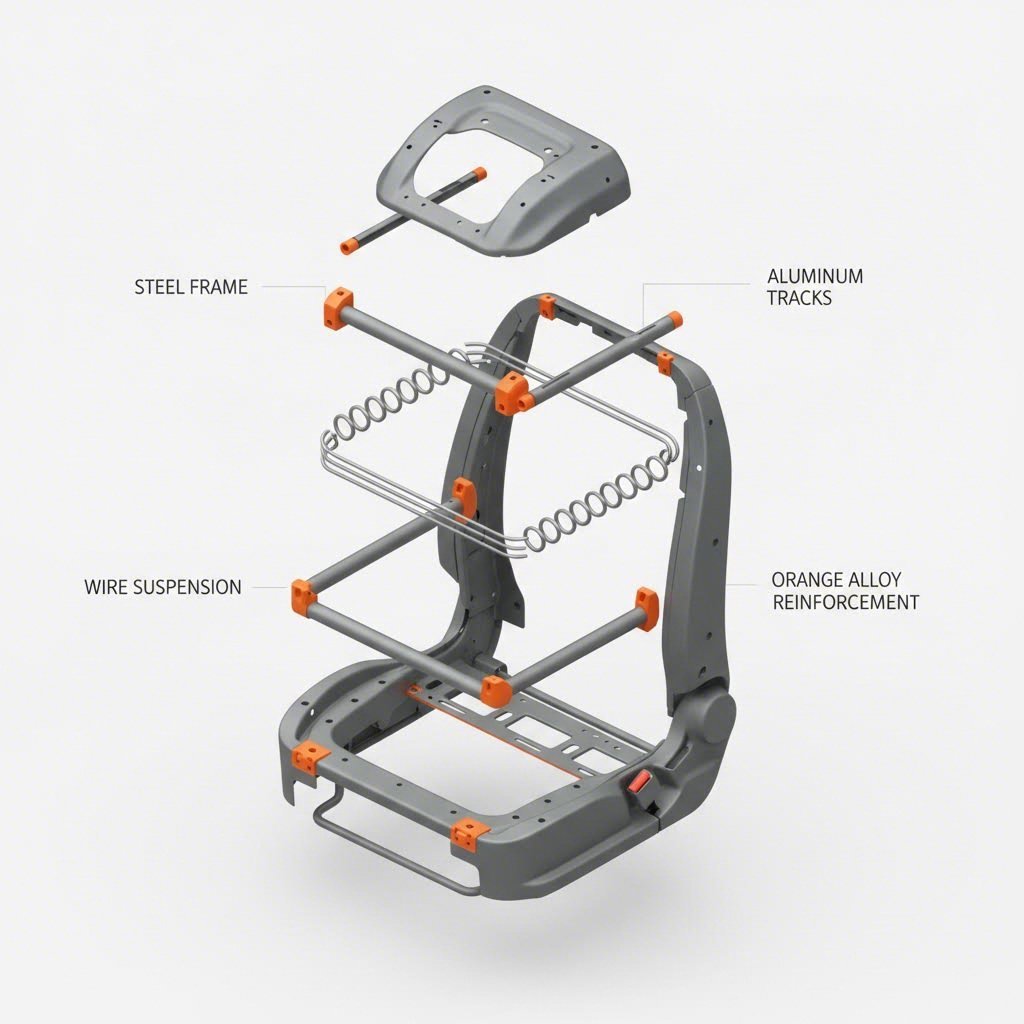 Exploded view of a multi material automotive seat frame assembly