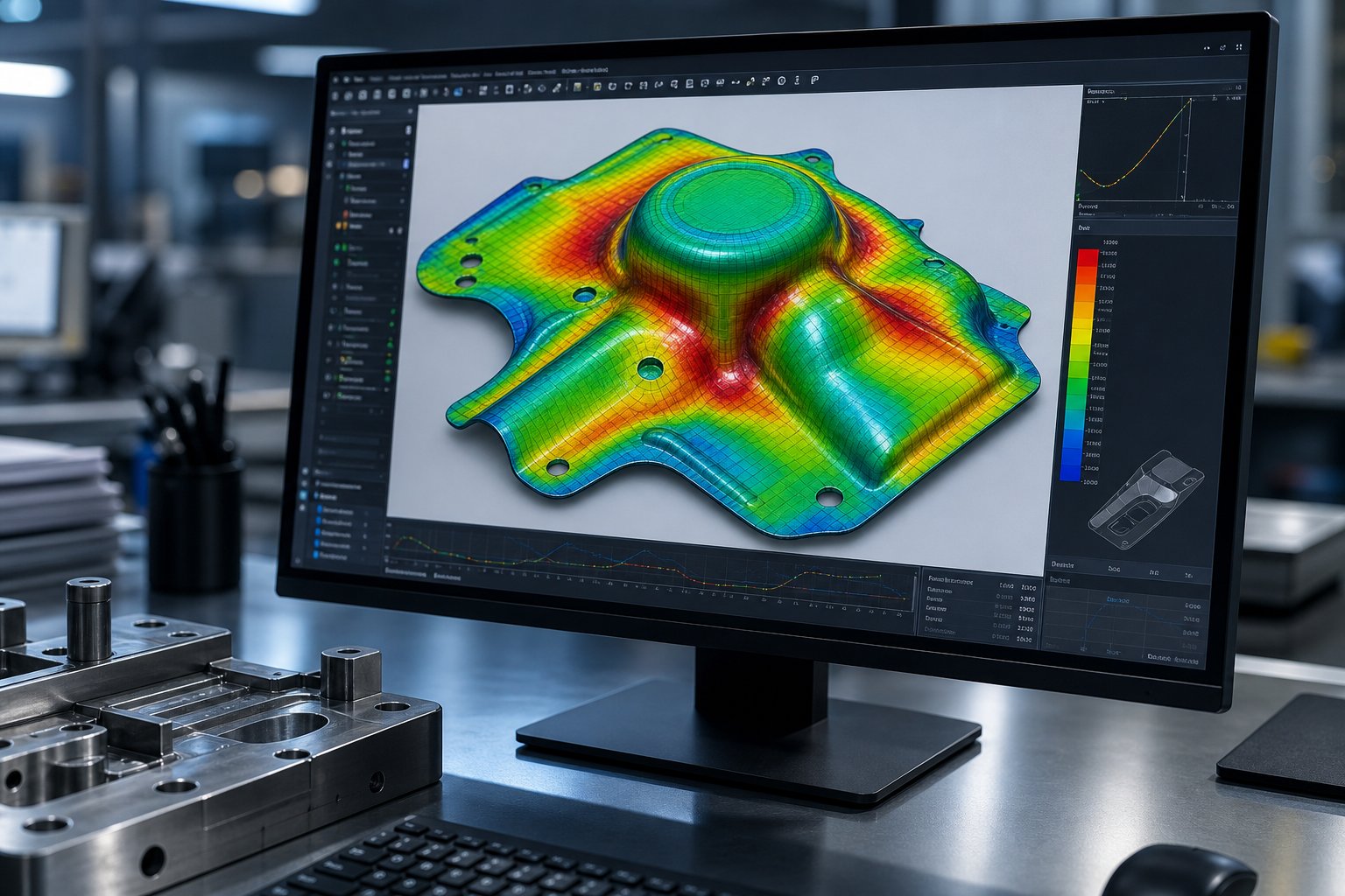 info-1-1 fea formability simulation displaying material thinning predictions used to validate die design before physical tryout