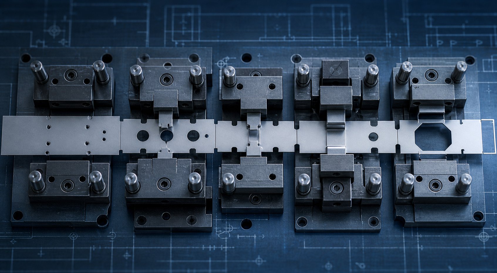info-1-1 progressive die strip layout illustrating sequential station operations from pilot piercing through final blanking