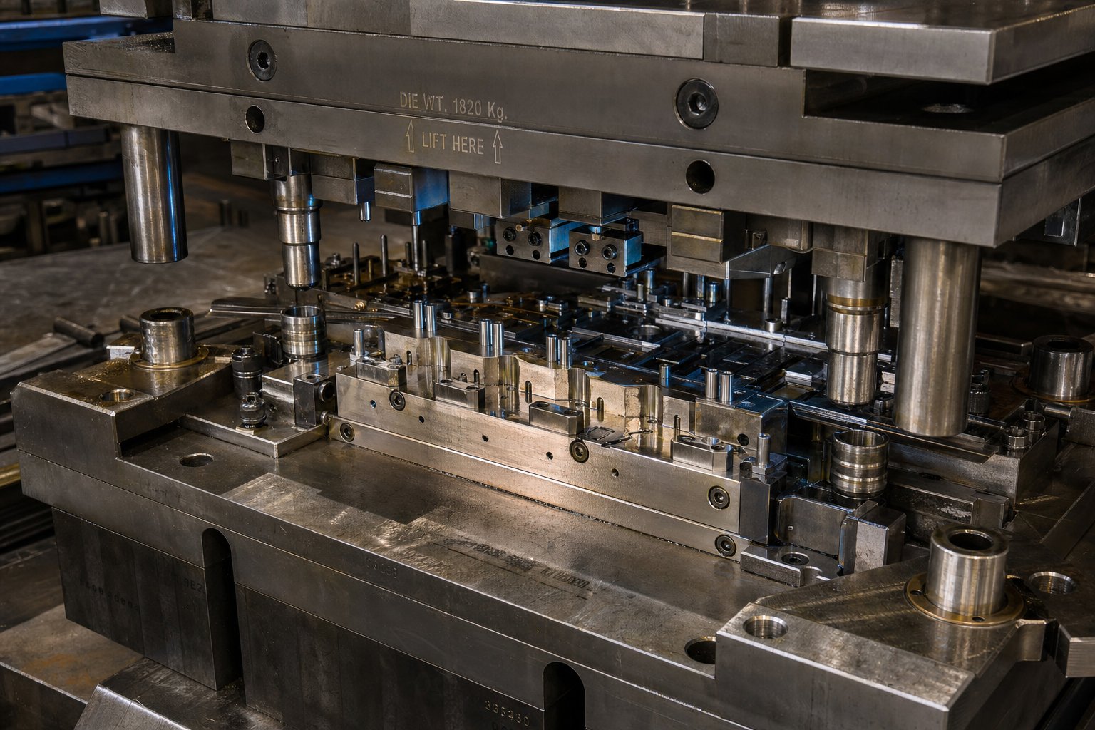 info-1-1 stamping die assembly showing upper and lower die shoes with precision ground punch and die block components