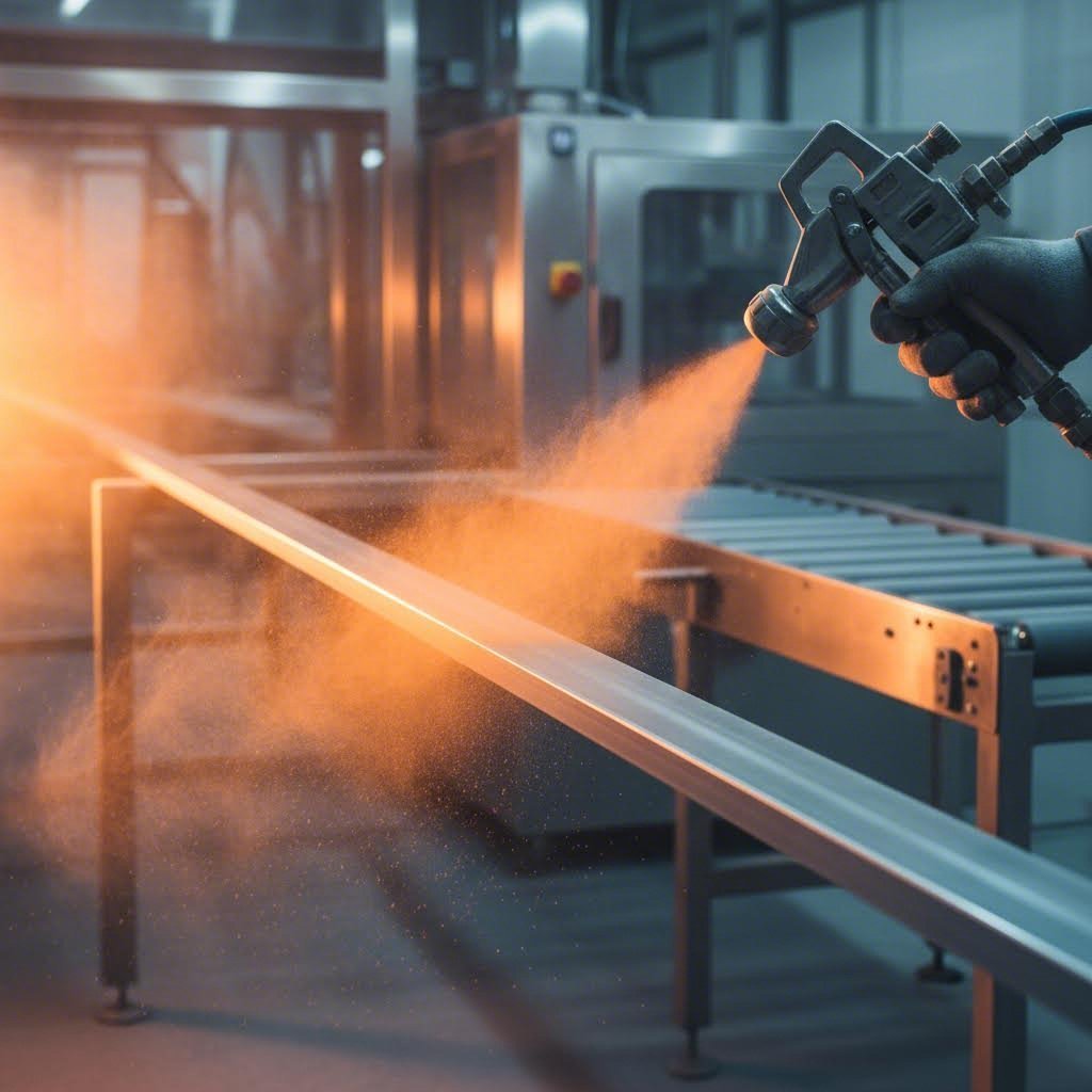 electrostatic powder coating application on aluminum extrusion profiles