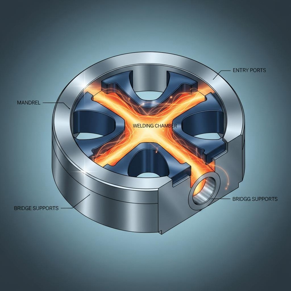 porthole die cross section showing metal flow channels and welding chamber structure
