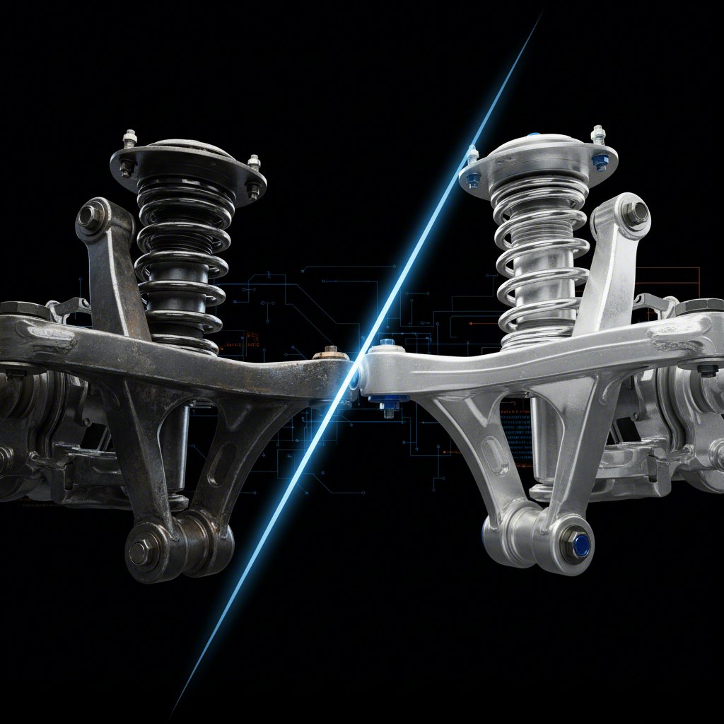 conceptual art comparing the heavy duty nature of steel with the lightweight performance of aluminum in a vehicle suspension system