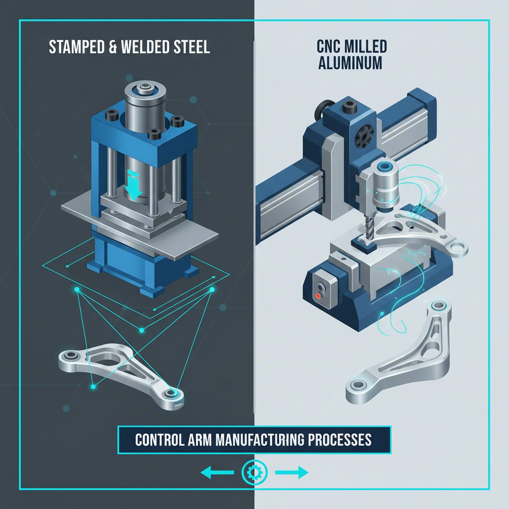 diagram showing the manufacturing difference between stamped steel and billet aluminum control arms