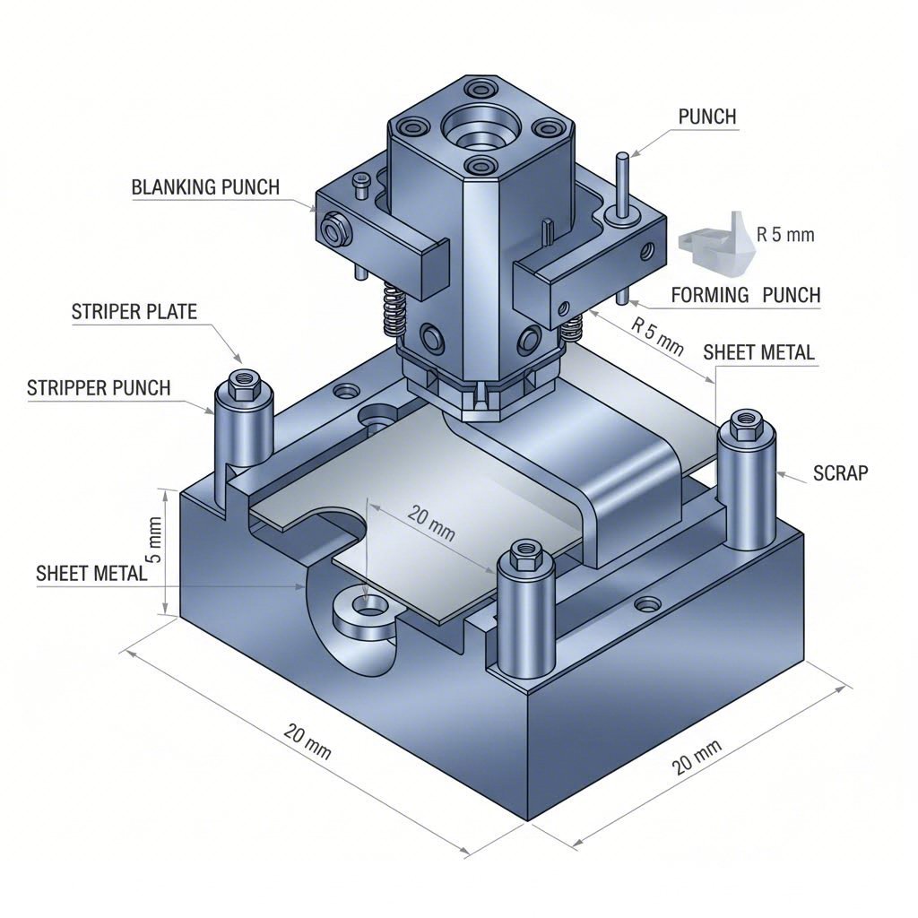 cross section view of stamping die operations showing punch and die interaction