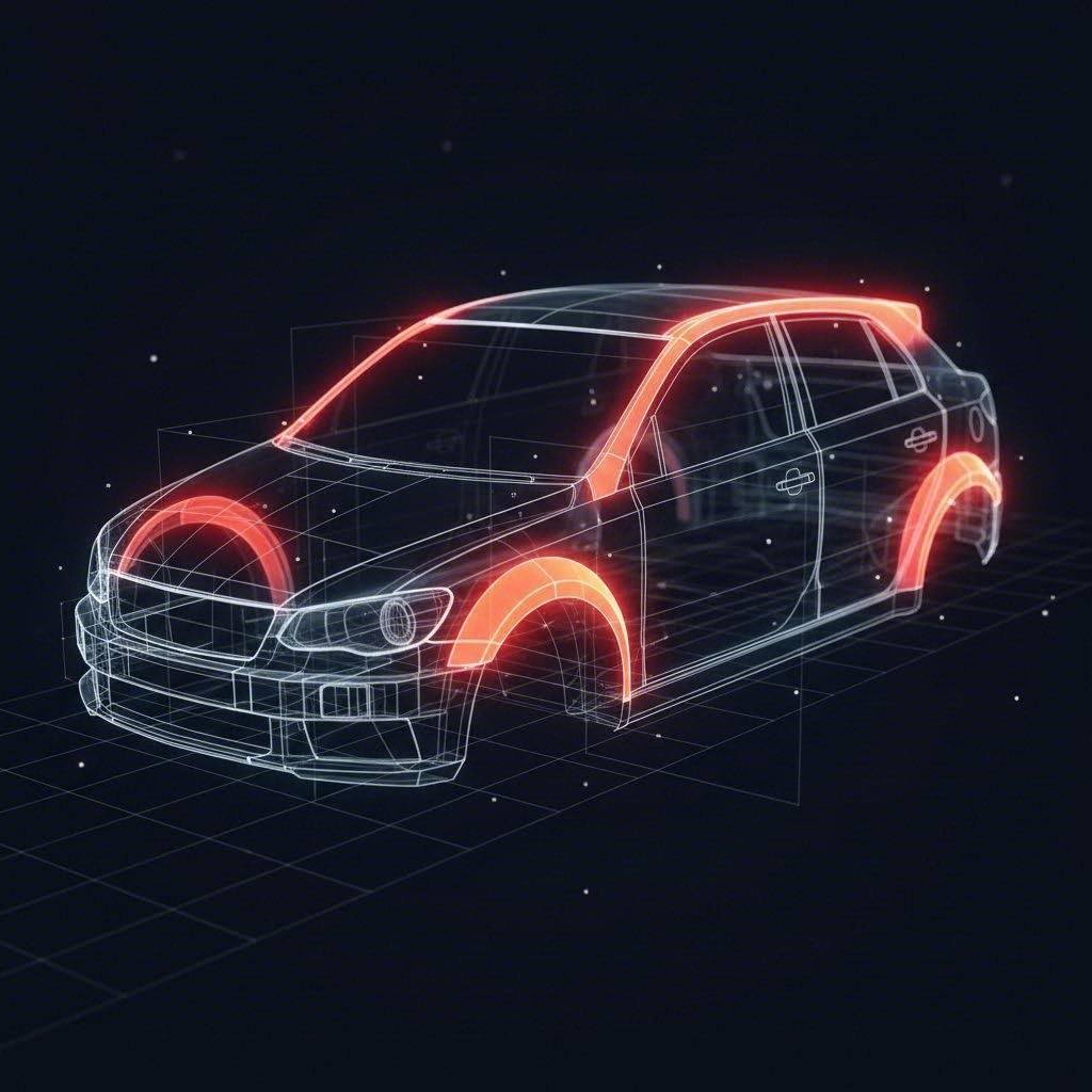 Automotive Body in White (BIW) diagram showing critical structural reinforcements and stress zones