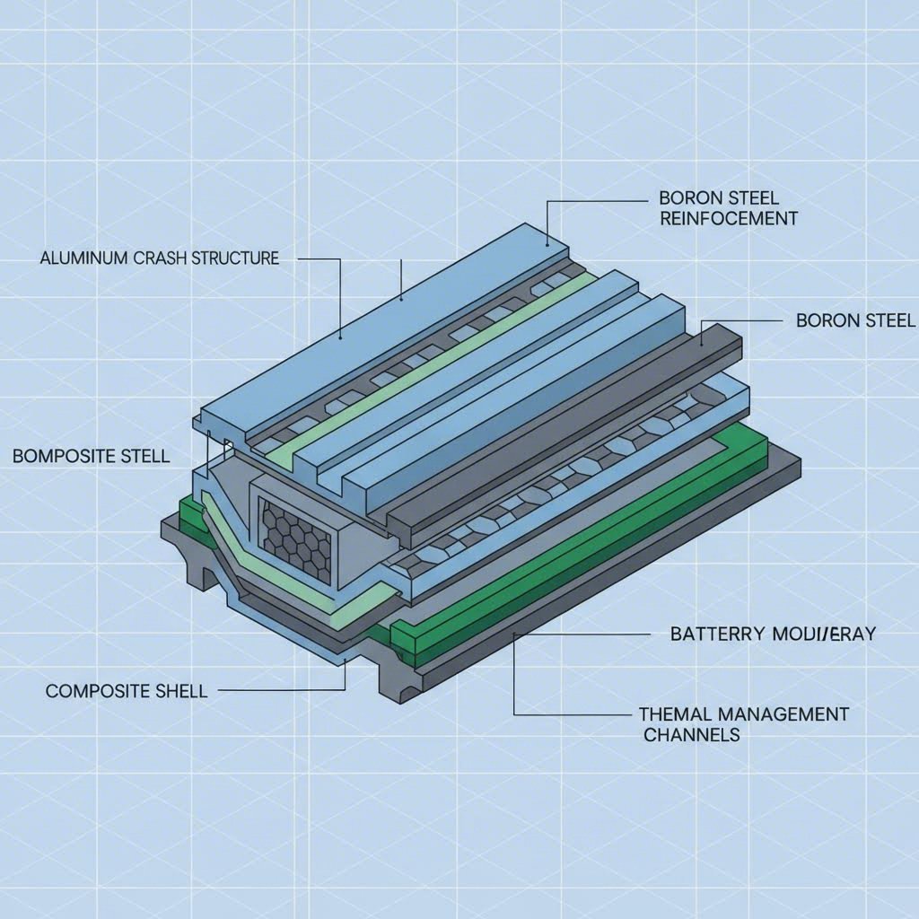 Cross section of EV battery enclosure showing multi material structural reinforcements