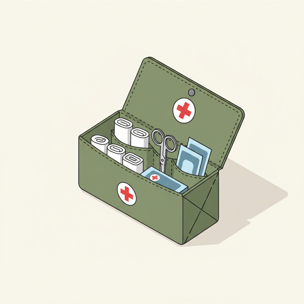 an overhead view illustrating the process of organizing essential supplies in a diy first aid pouch