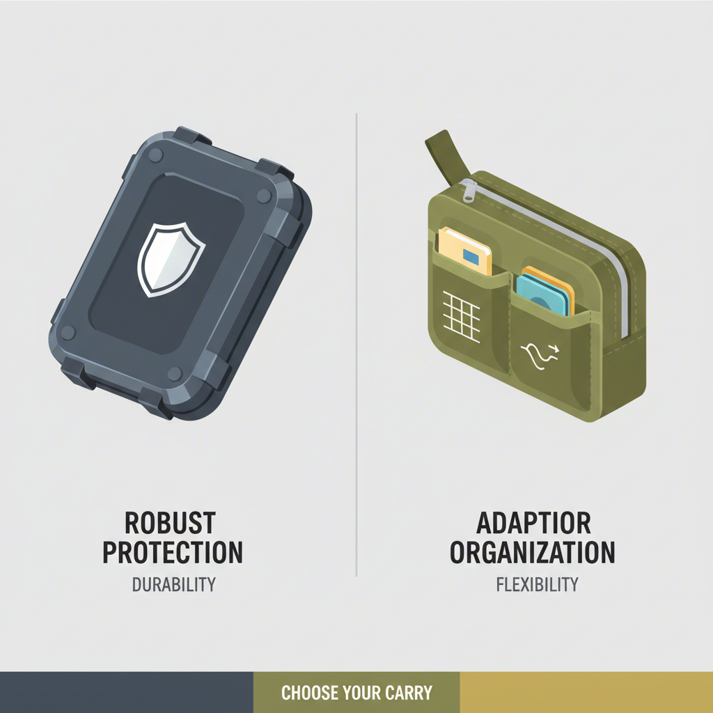 diagram comparing the features of hard shell versus fabric pencil pouches for a first aid kit