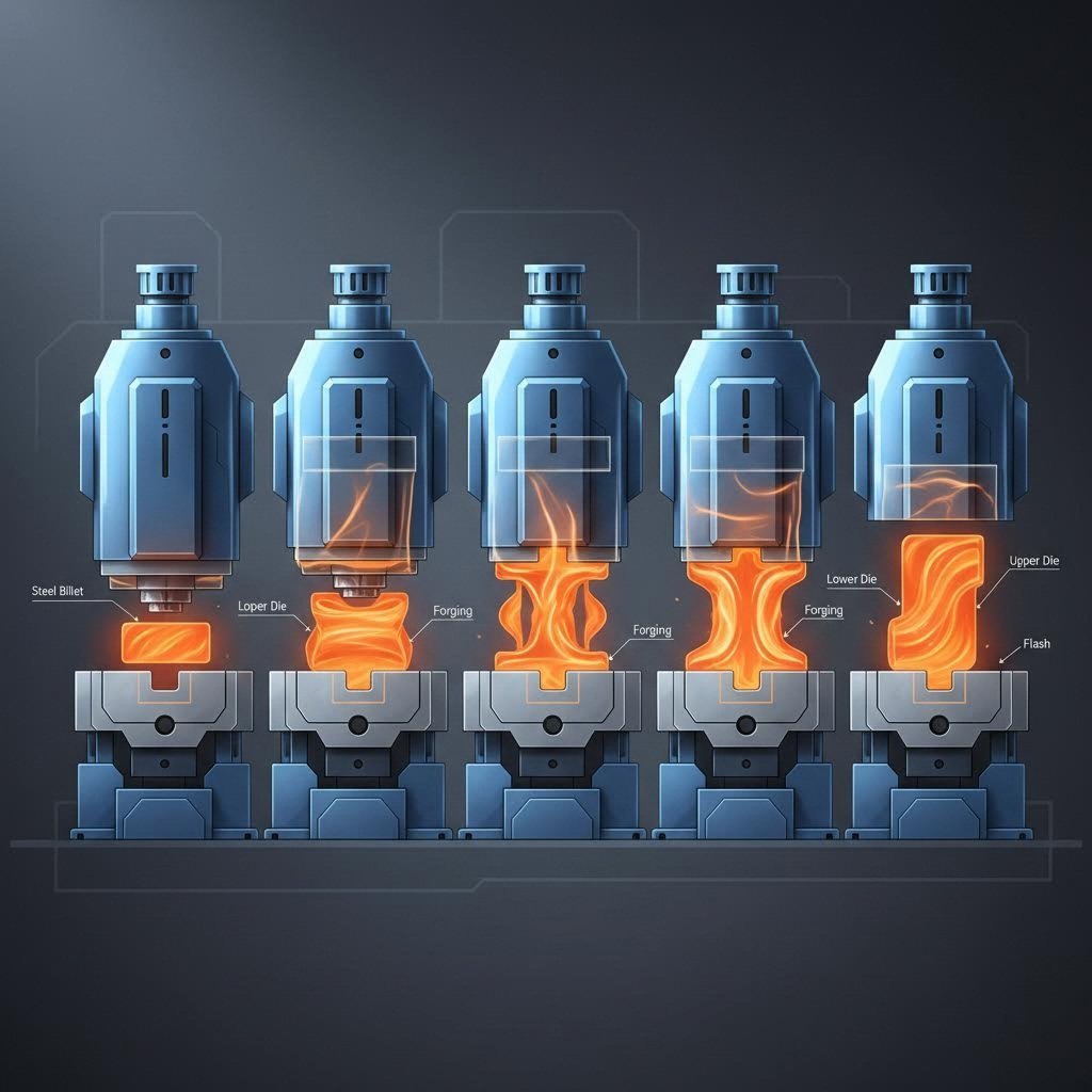 the forging process compresses heated billets into precision die cavities under extreme pressure