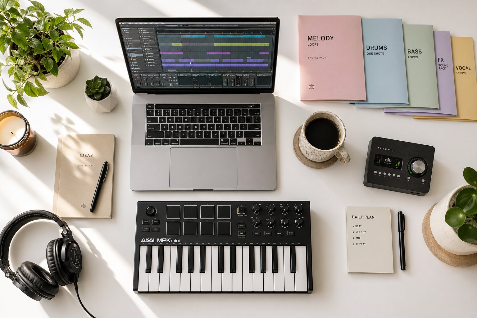a modern producer workspace ready for 808 sound design with samples synths and production tools