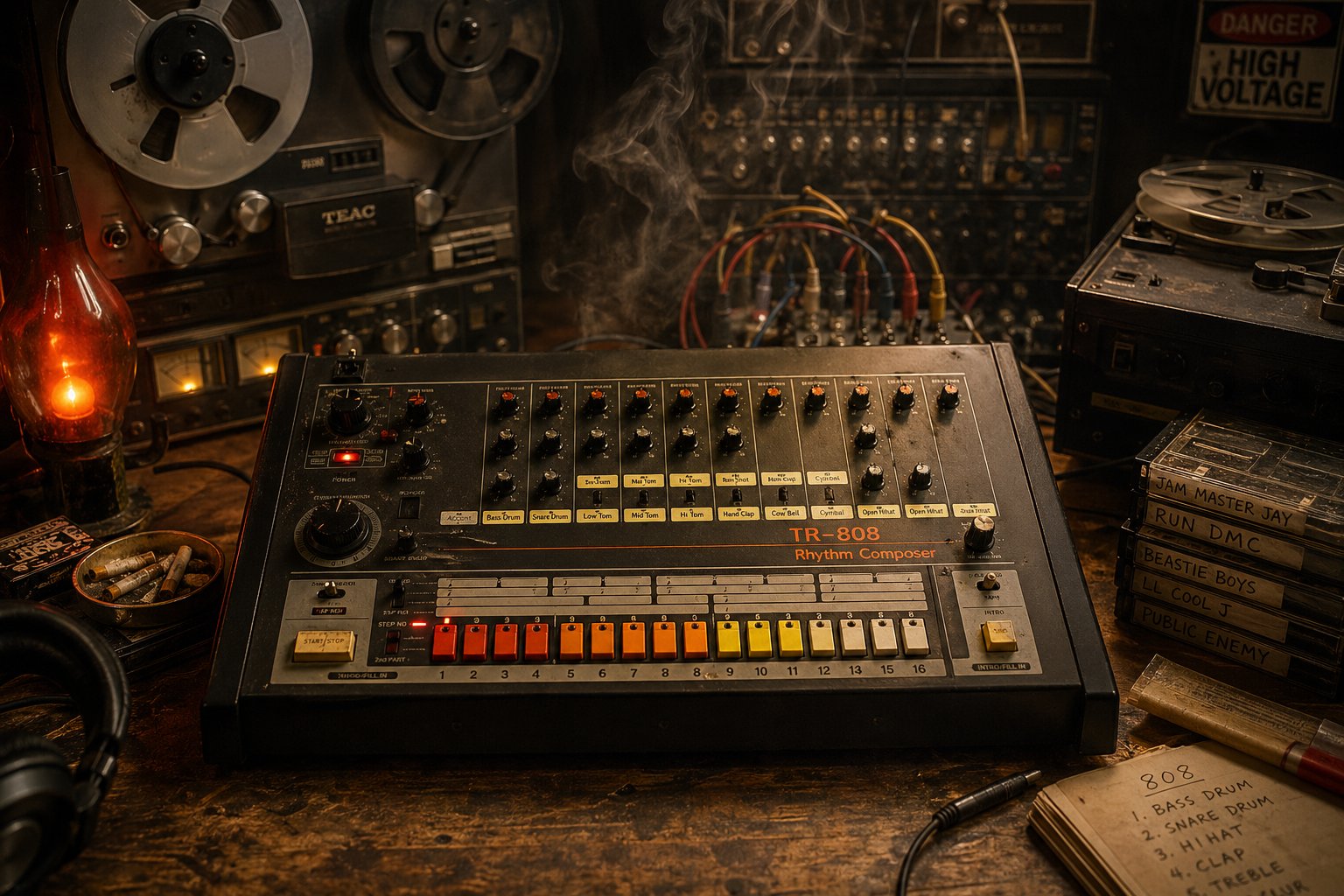 an early 1980s studio setup where affordable drum machines first connected with hip hop and electronic producers