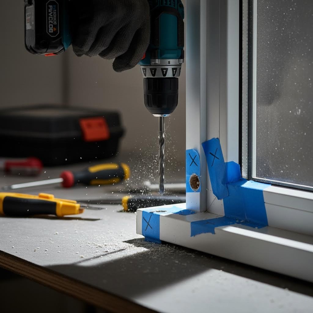 drilling ventilation holes through the window frame head section