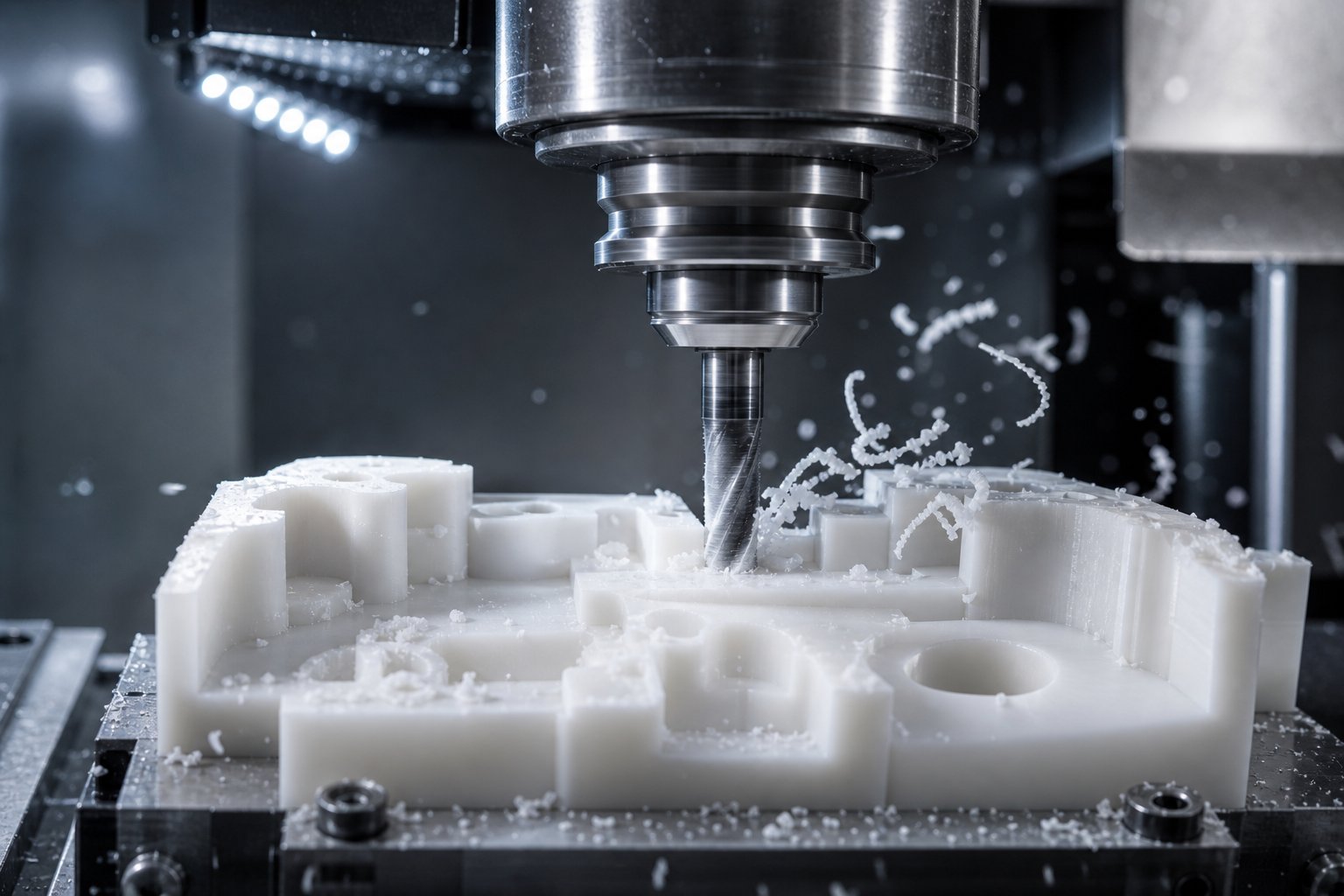 cnc machining a precision plastic component from engineering grade polymer stock