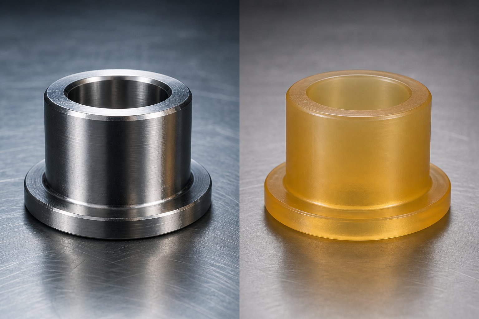 side by side comparison of metal and engineered plastic machinery components highlighting material differences