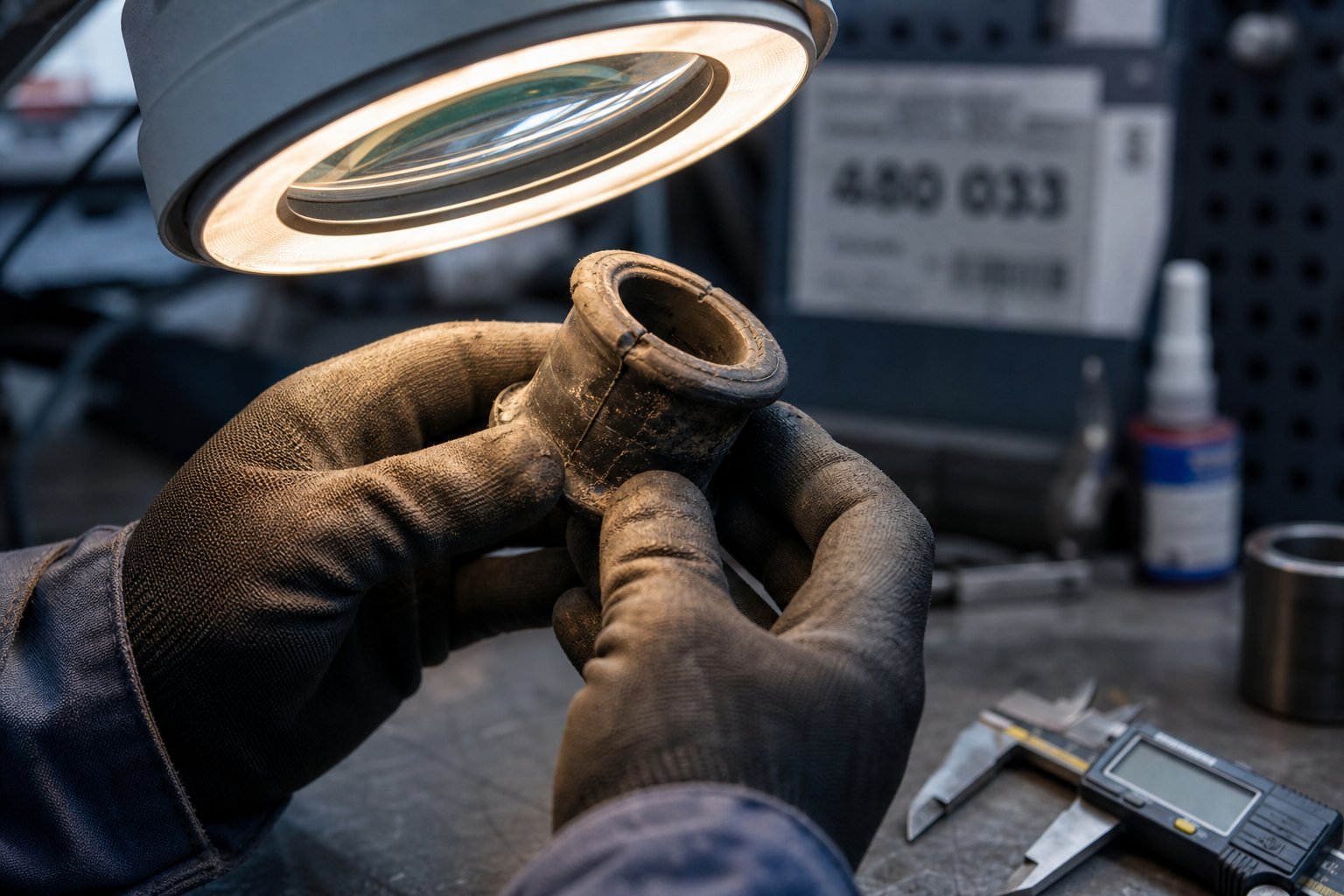 technician inspecting a worn plastic machinery part for signs of failure during routine maintenance