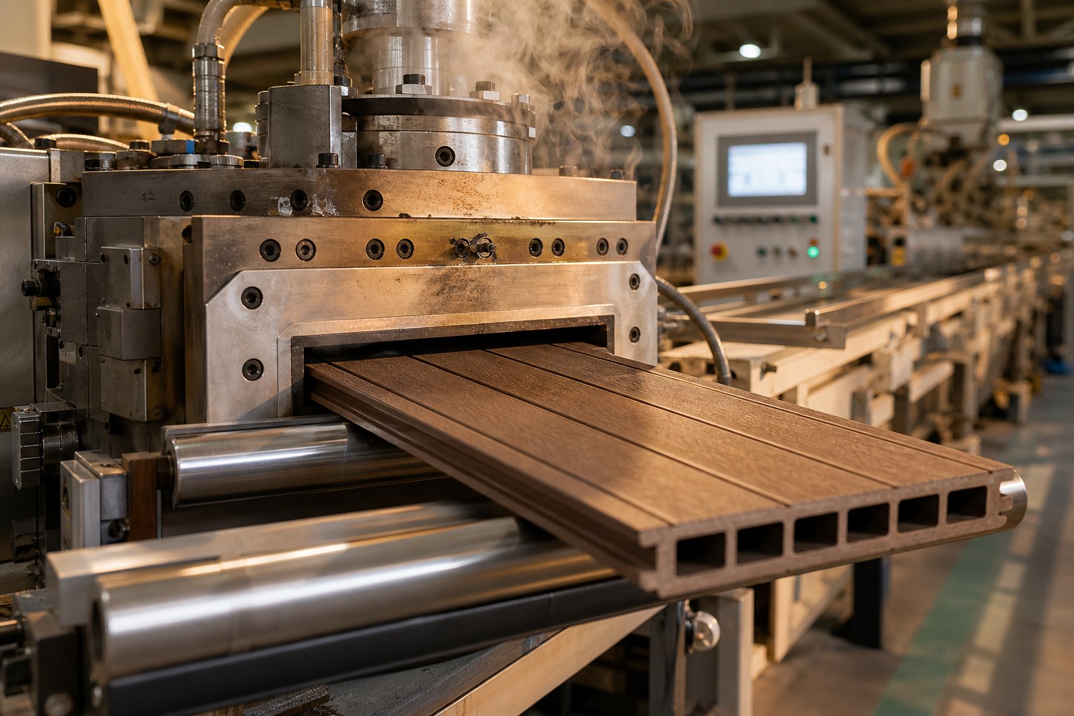 a wpc extrusion line producing continuous composite decking profiles from blended wood fiber and polymer materials