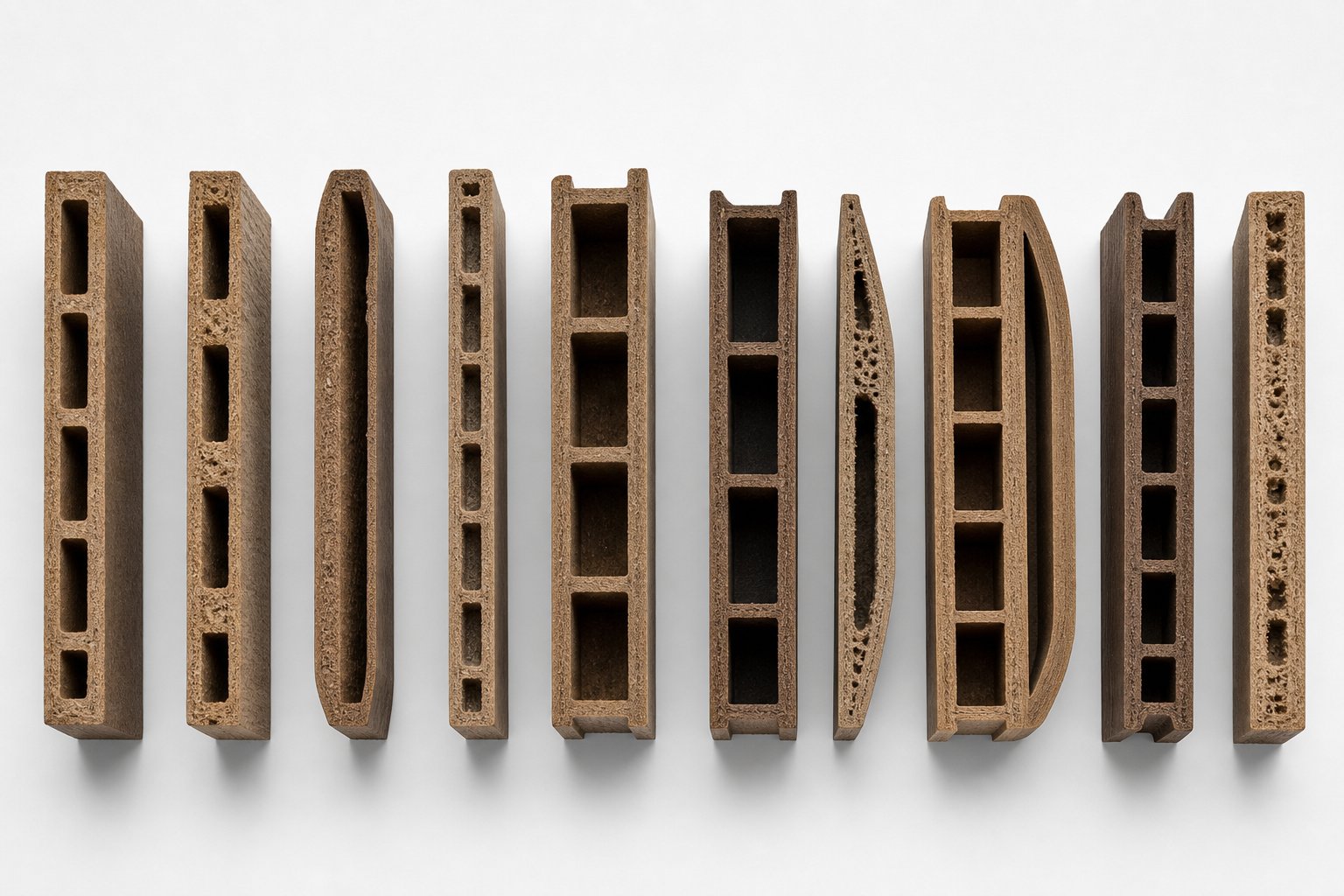 cross sections of wpc profiles showing how varying wood to plastic ratios affect composite density and structure