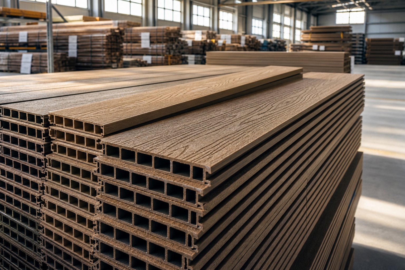 finished wpc decking boards with embossed wood grain texture ready for sustainable outdoor installation