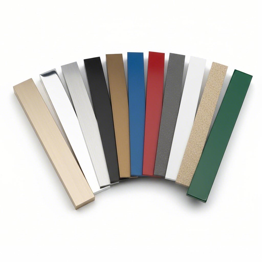 aluminum profiles featuring various anodized and powder coated surface treatments