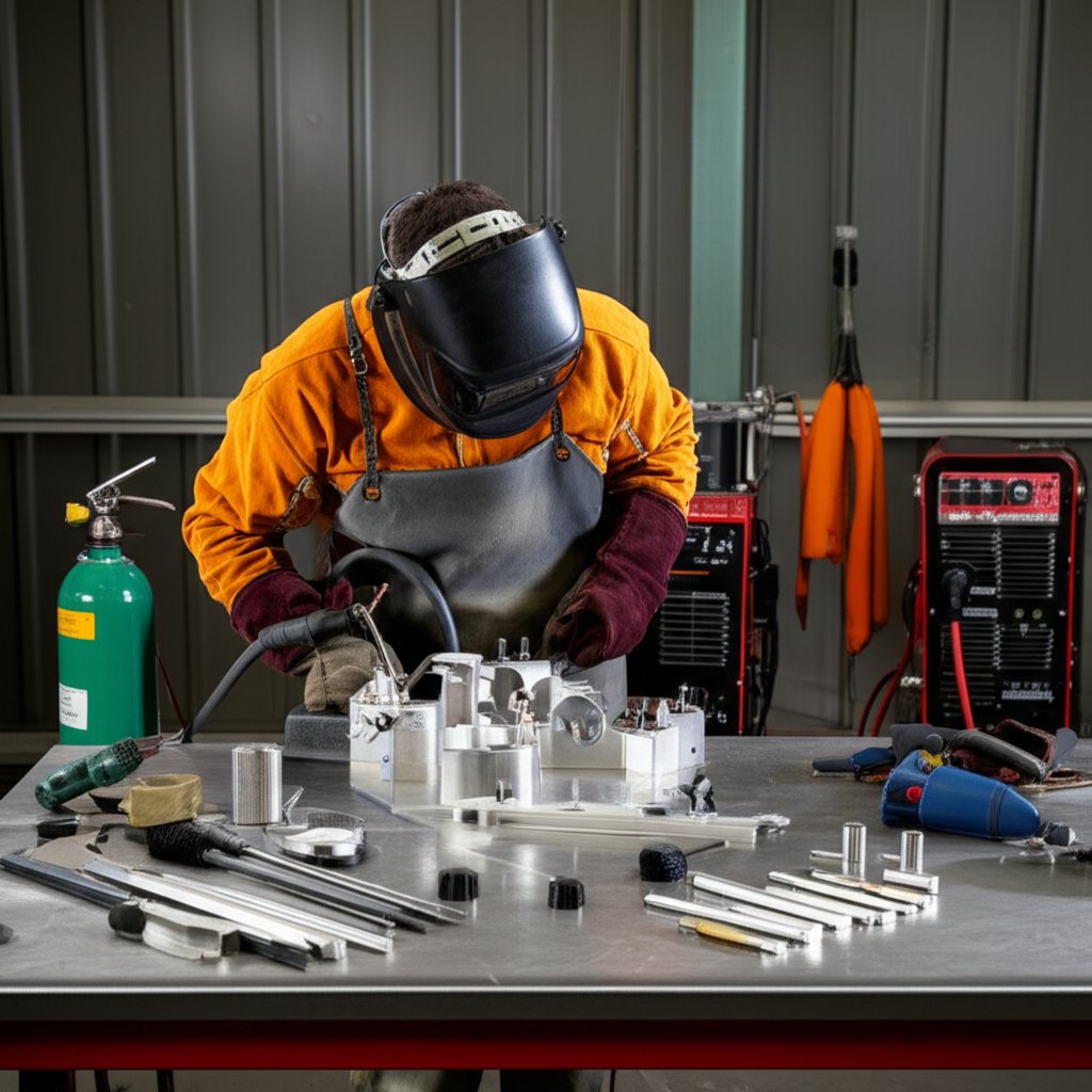 professional aluminium welding setup with tig and mig equipment in a clean workshop