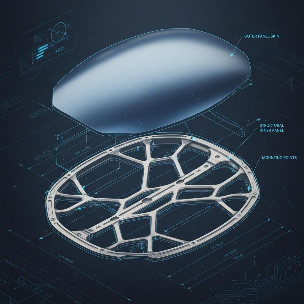 Exploded view showing automotive hood inner and outer panel structure