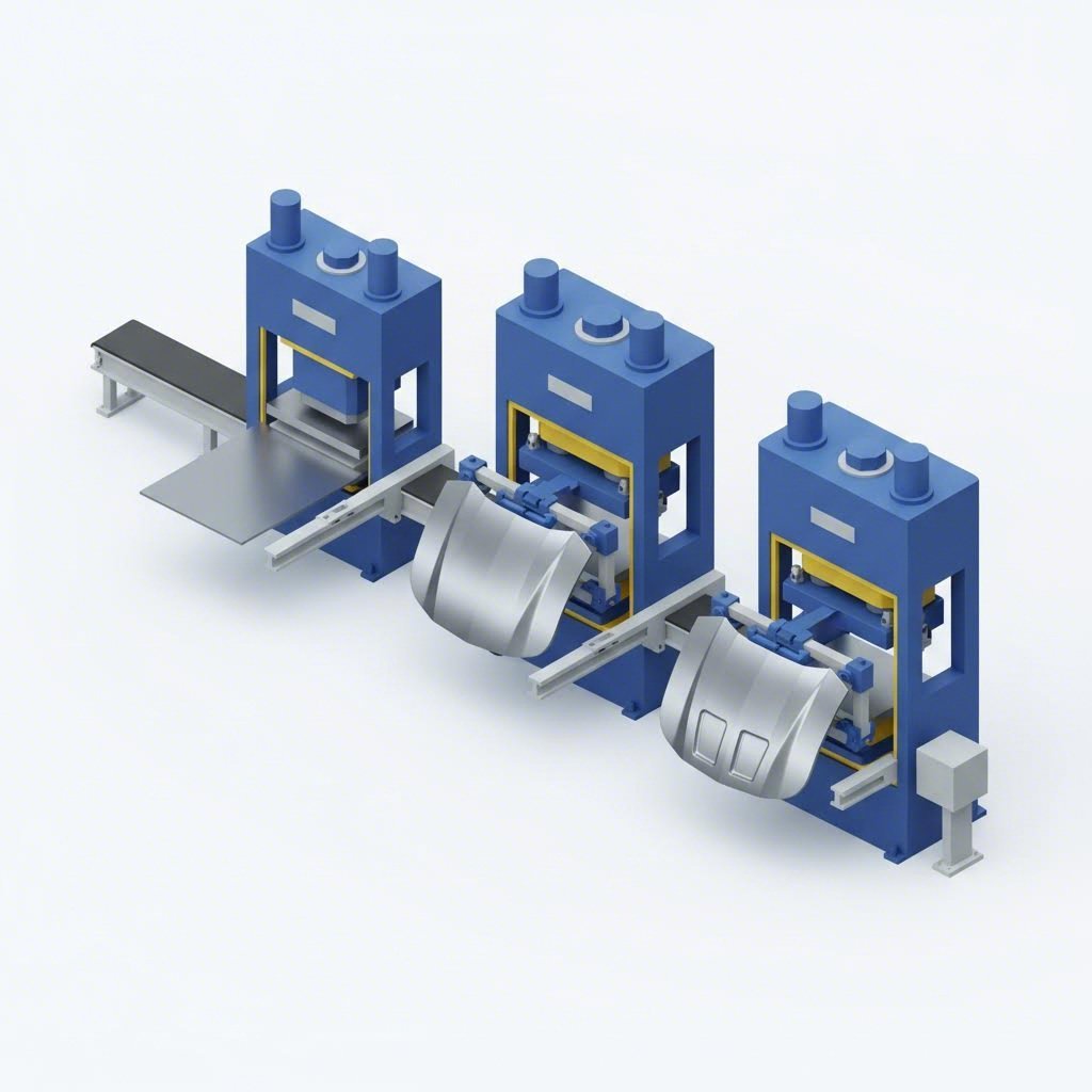 Sequential automotive hood stamping line diagram showing press stages