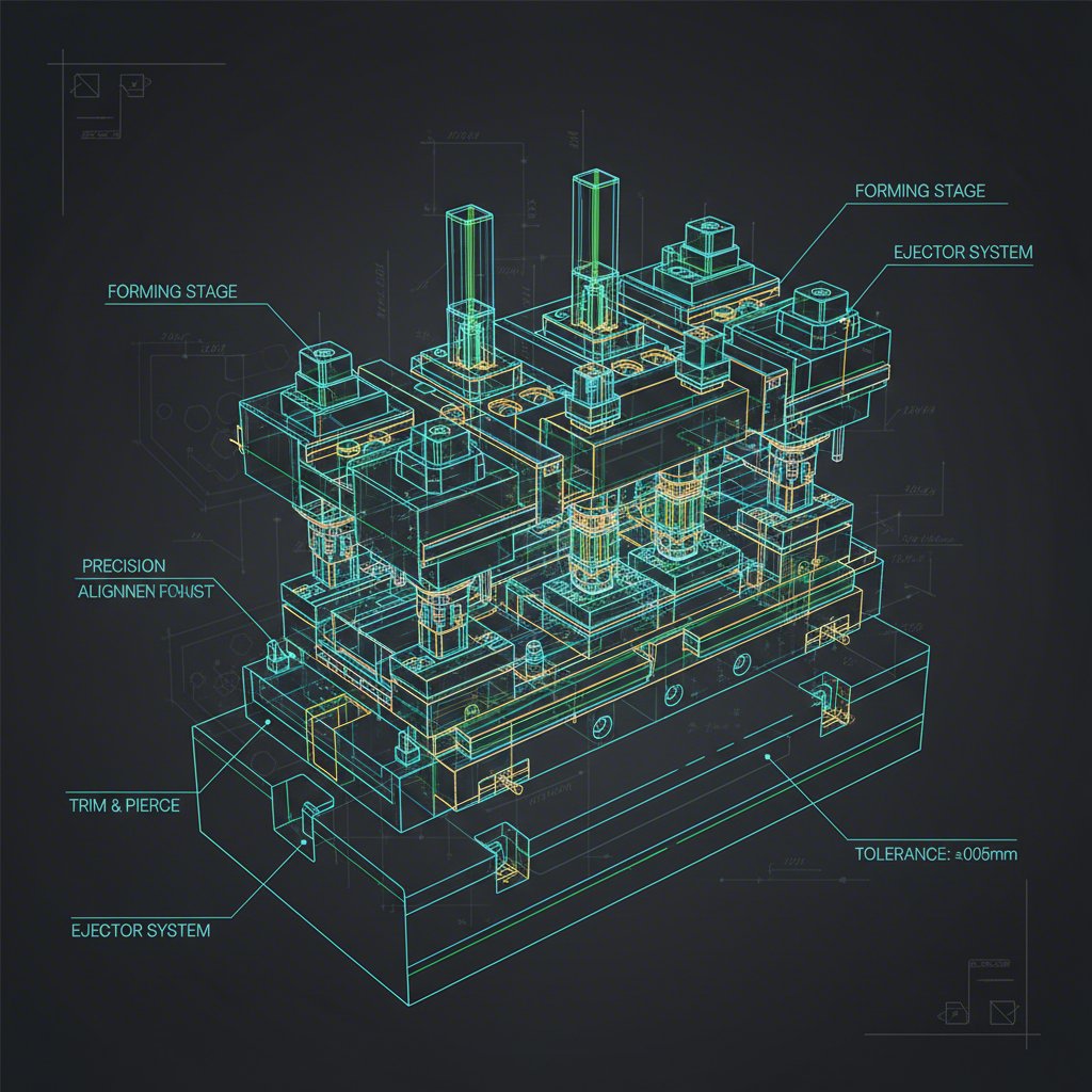 conceptual schematic of a sheet metal die design highlighting critical verification points