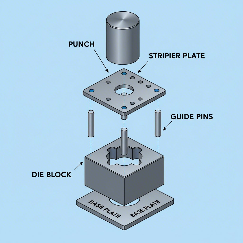 diagram showing the primary components of a sheet metal die set