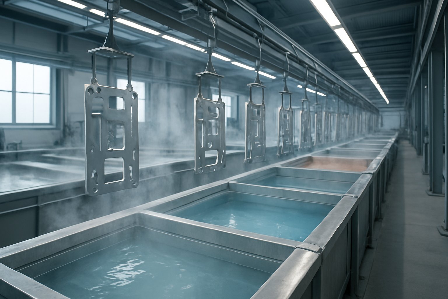 industrial anodizing line with racked aluminum parts in process