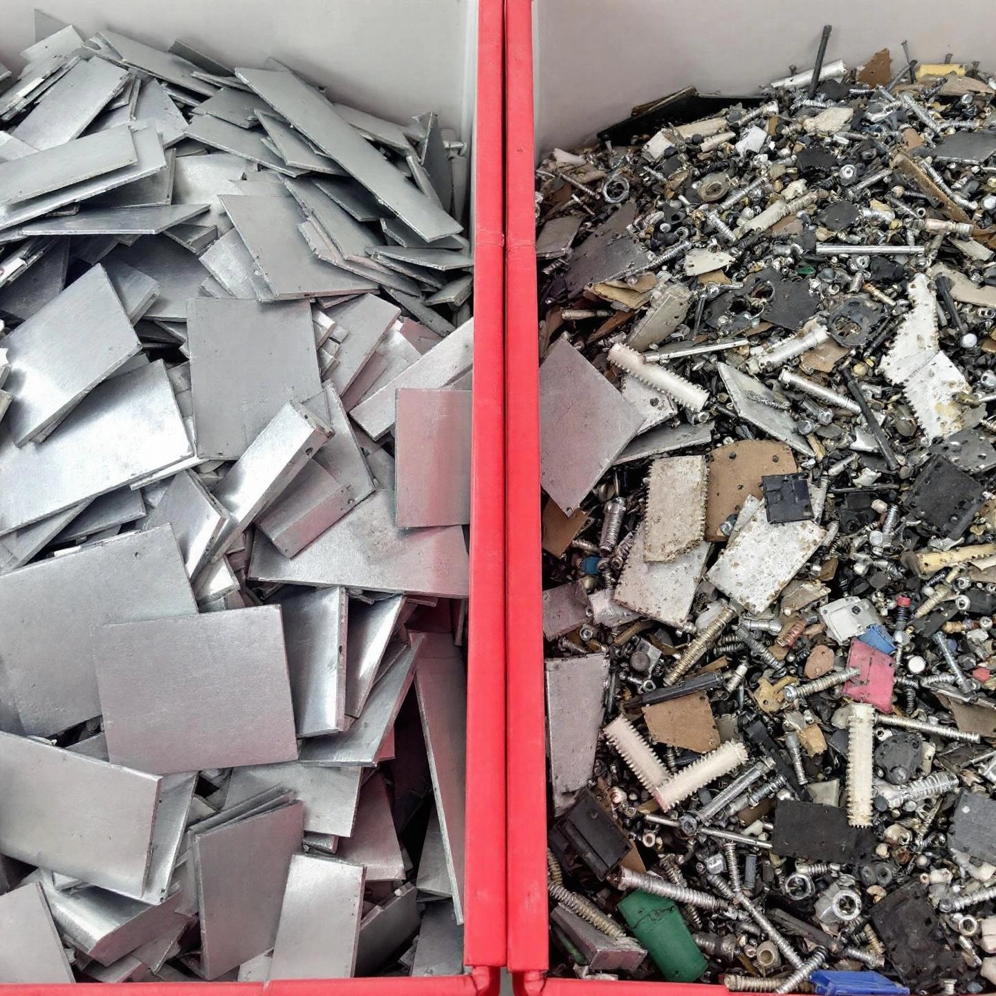 clean aluminum scrap beside contaminated aluminum for comparison