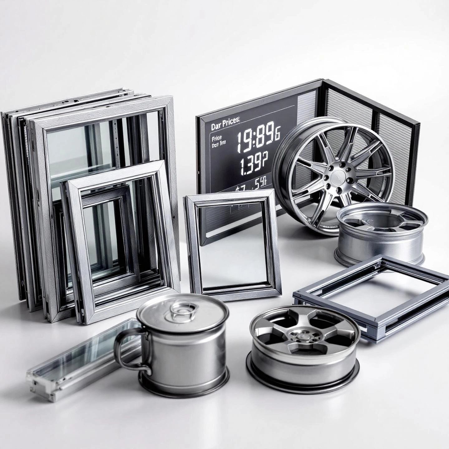 various aluminum scrap types with a digital price display in the background
