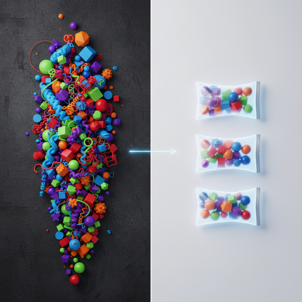 abstract representation of chaos being transformed into order using pouches