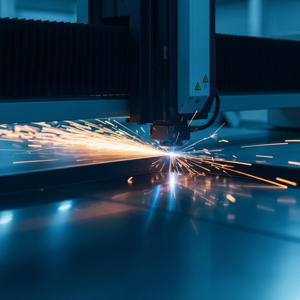 fiber laser cutting machine precisely processing sheet steel with sparks illuminating the cutting path