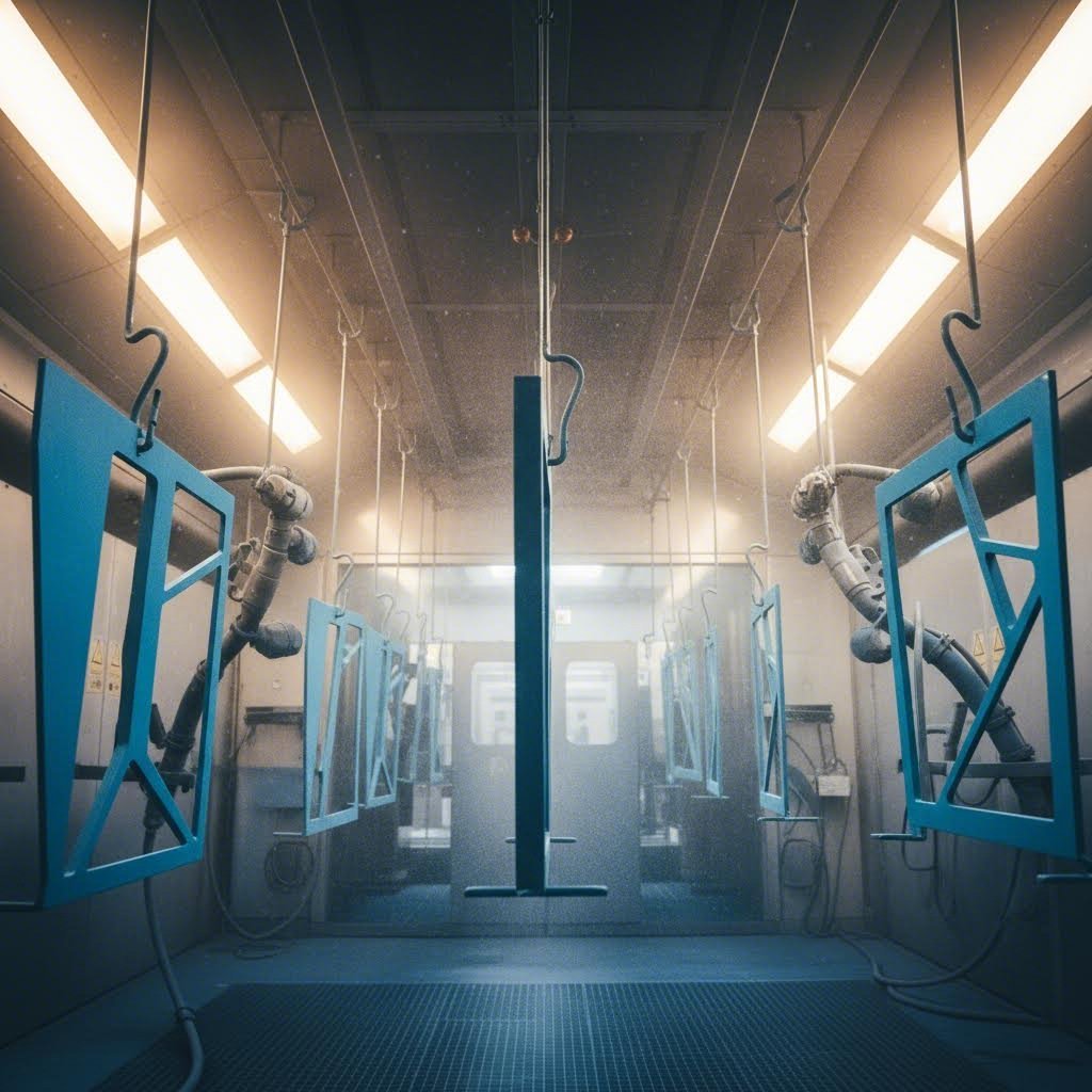 laser cut steel components receiving powder coat finish for corrosion protection and aesthetics