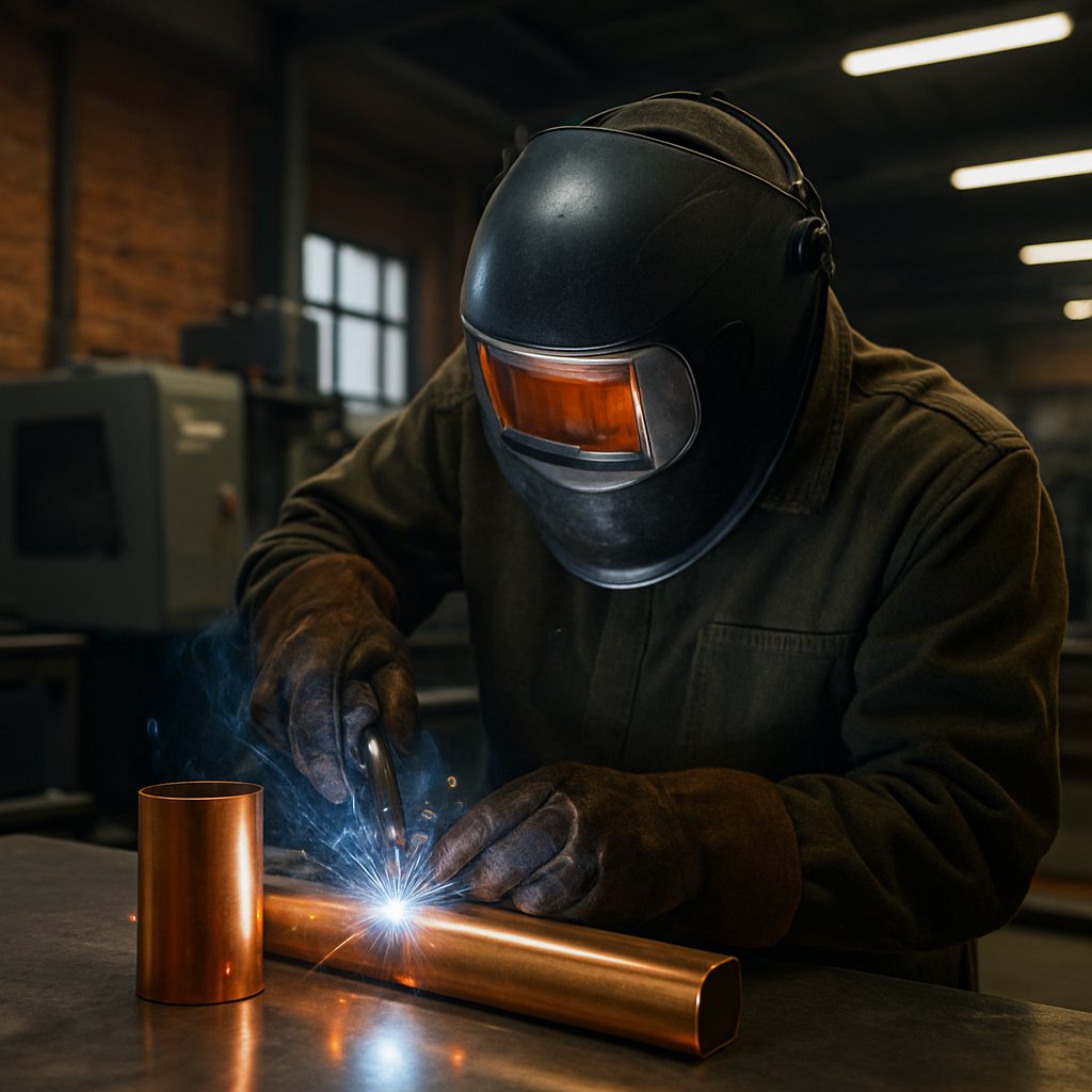 welder joining copper in a clean fabrication setup