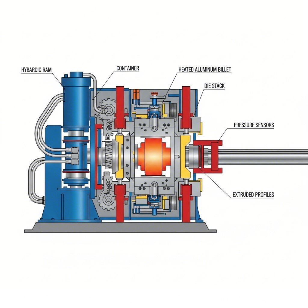 cross section view of the aluminum extrusion process showing billet flow through die