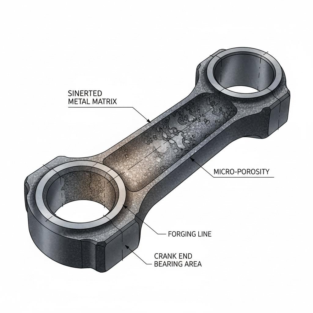 cross section view of powder metal connecting rod construction and sintered material structure